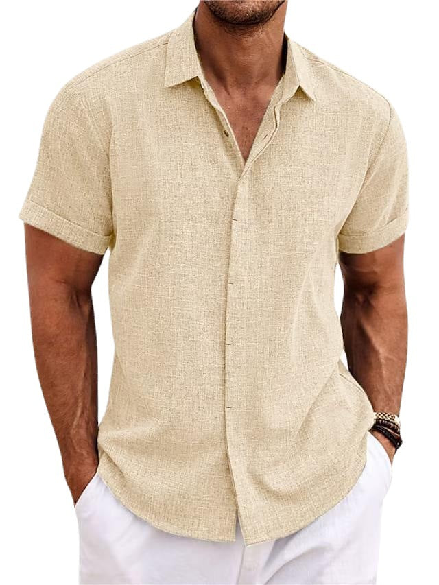 Chemise en lin pour hommes, manches courtes, coupe décontractée, couleur claire, idéale pour l'été et les occasions informell