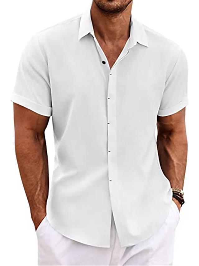 Chemise en lin pour hommes, manches courtes, coupe décontractée, couleur claire, idéale pour l'été et les occasions informell