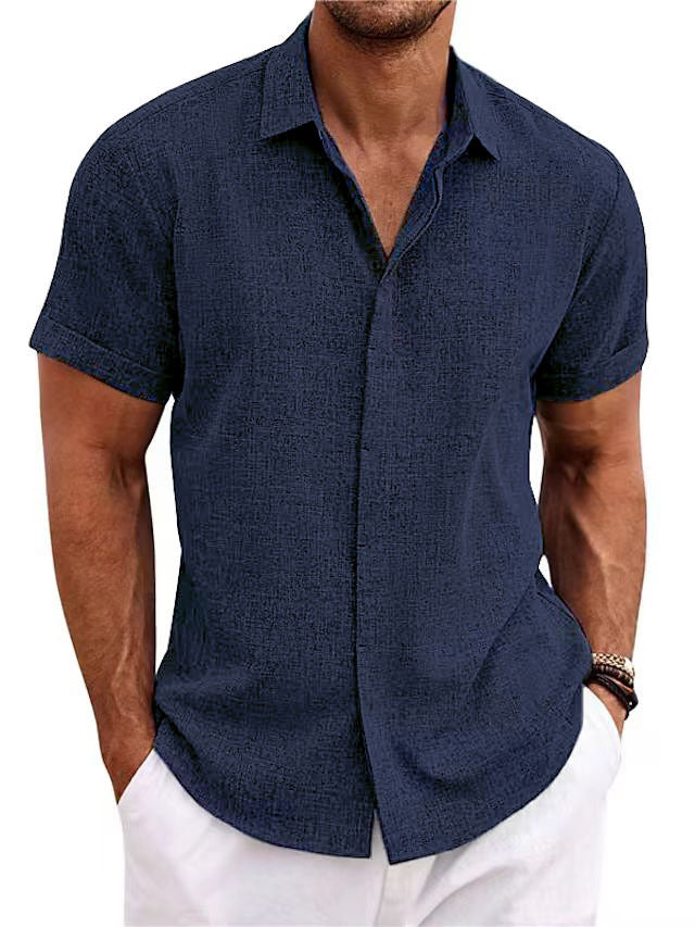 Chemise en lin pour hommes, manches courtes, coupe décontractée, couleur claire, idéale pour l'été et les occasions informell