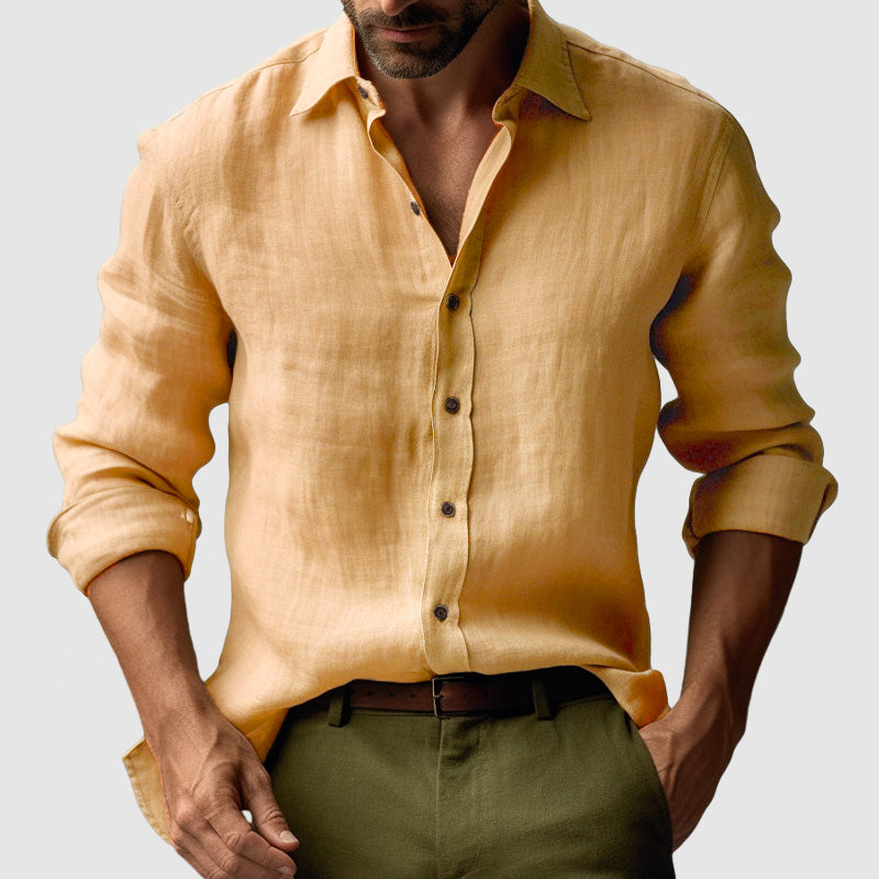 "Chemise en lin vintage manches longues homme, style élégant et décontracté, couleur bleu clair, idéale toutes saisons"
