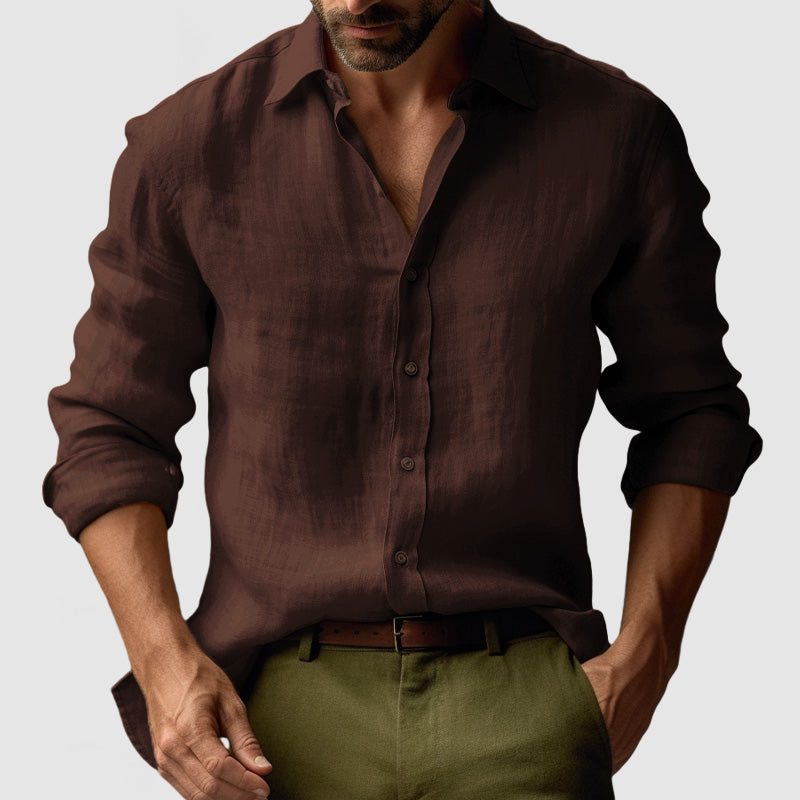 "Chemise en lin vintage manches longues homme, style élégant et décontracté, couleur bleu clair, idéale toutes saisons"
