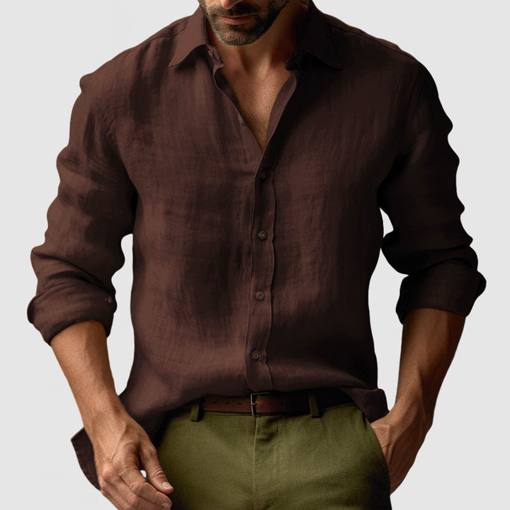 "Chemise en lin vintage manches longues homme, style élégant et décontracté, couleur bleu clair, idéale toutes saisons"