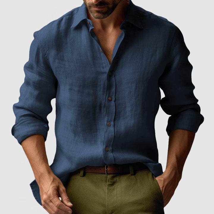 "Chemise en lin vintage manches longues homme, style élégant et décontracté, couleur bleu clair, idéale toutes saisons"