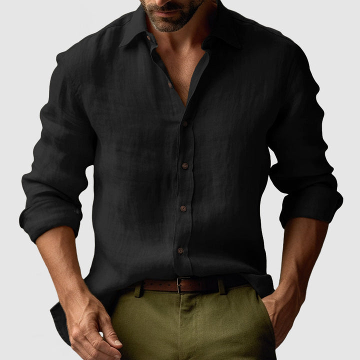 "Chemise en lin vintage manches longues homme, style élégant et décontracté, couleur bleu clair, idéale toutes saisons"