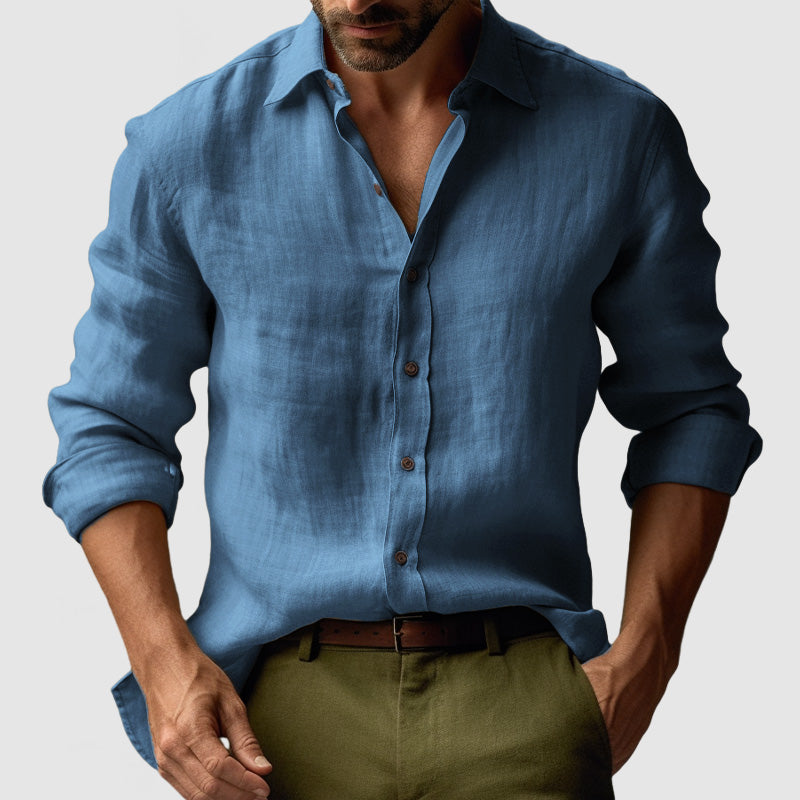 "Chemise en lin vintage manches longues homme, style élégant et décontracté, couleur bleu clair, idéale toutes saisons"