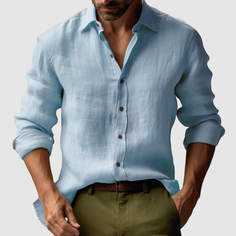 "Chemise en lin vintage manches longues homme, style élégant et décontracté, couleur bleu clair, idéale toutes saisons"
