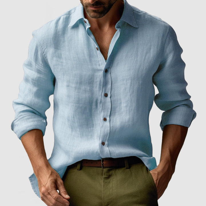 "Chemise en lin vintage manches longues homme, style élégant et décontracté, couleur bleu clair, idéale toutes saisons"