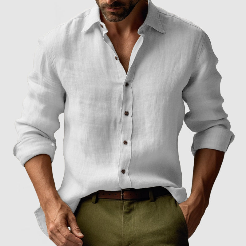 "Chemise en lin vintage manches longues homme, style élégant et décontracté, couleur bleu clair, idéale toutes saisons"