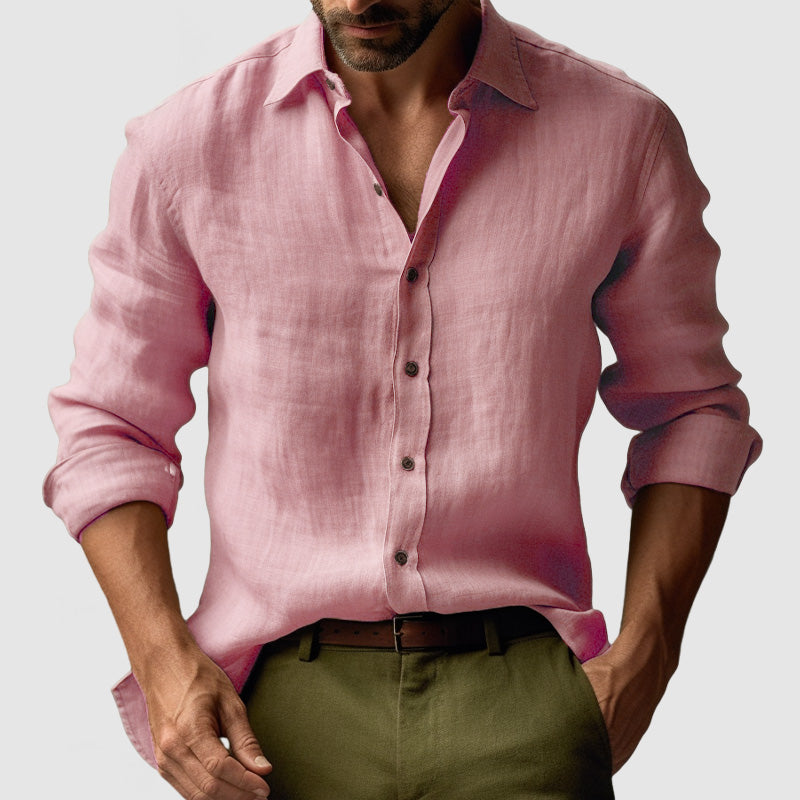 "Chemise en lin vintage manches longues homme, style élégant et décontracté, couleur bleu clair, idéale toutes saisons"