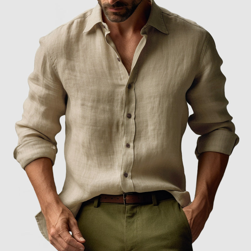 "Chemise en lin vintage manches longues homme, style élégant et décontracté, couleur bleu clair, idéale toutes saisons"