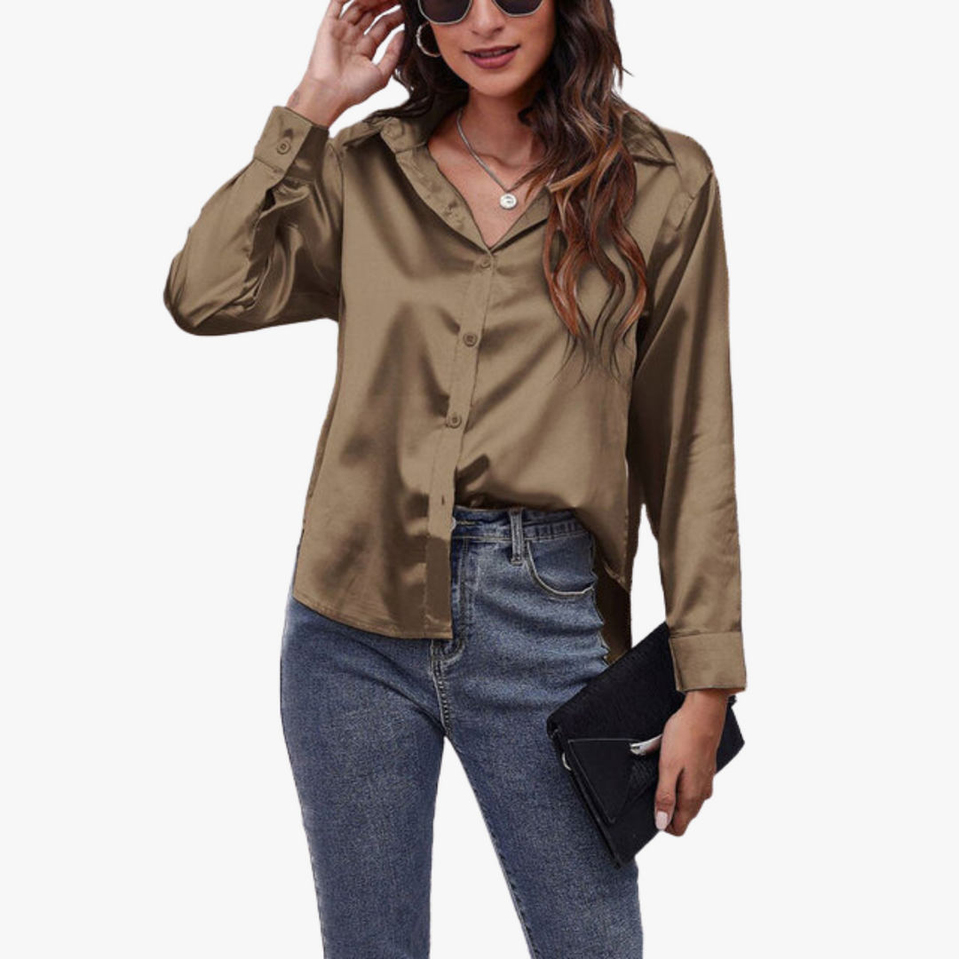 "Chemise en soie femme manches longues, élégante, luxe, finition délicate, style raffiné, soie douce."