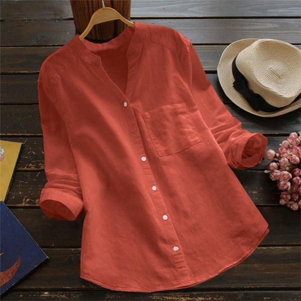 Chemise femme ample en lin-coton, blanche, manches longues, style décontracté, idéale pour confort quotidien et élégance.