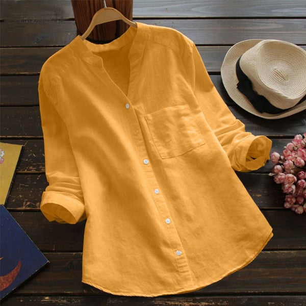 Chemise femme ample en lin-coton, blanche, manches longues, style décontracté, idéale pour confort quotidien et élégance.