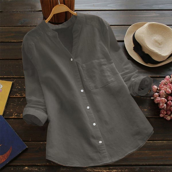 Chemise femme ample en lin-coton, blanche, manches longues, style décontracté, idéale pour confort quotidien et élégance.