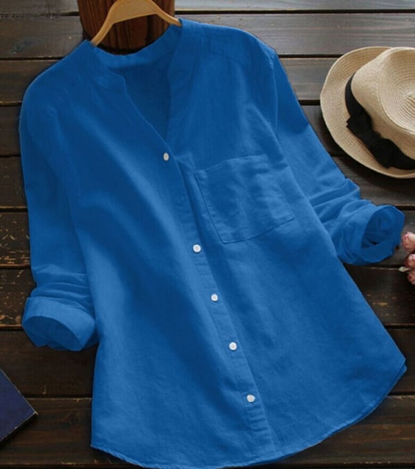 Chemise femme ample en lin-coton, blanche, manches longues, style décontracté, idéale pour confort quotidien et élégance.