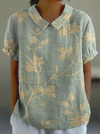 Chemise femme florale rétro en coton lin, coupe décontractée, motifs élégants, idéale pour les occasions chic et ensoleillées