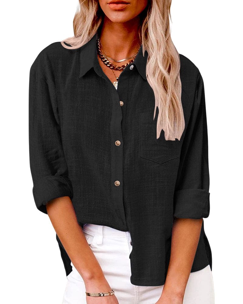 Chemise femme lin bleu, manches longues, col classique, boutons bruns, élégance décontractée et polyvalence.