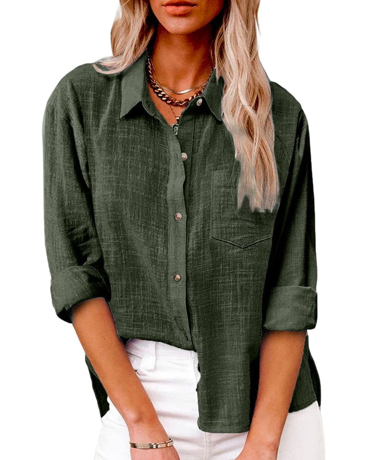 Chemise femme lin bleu, manches longues, col classique, boutons bruns, élégance décontractée et polyvalence.
