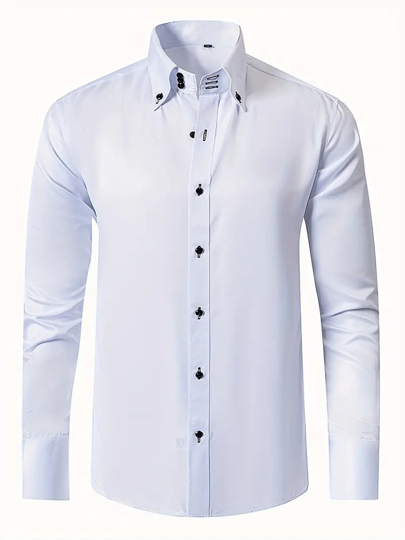 Chemise formelle homme en coton blanc, manches longues, coupe ajustée, tissu doux et respirant pour élégance classique.
