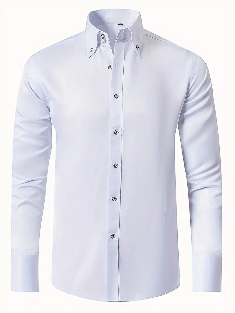 Chemise formelle homme en coton blanc, manches longues, coupe ajustée, tissu doux et respirant pour élégance classique.