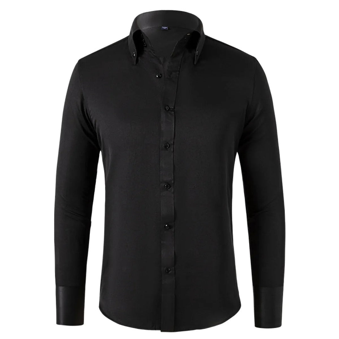 Chemise formelle homme en coton blanc, manches longues, coupe ajustée, tissu doux et respirant pour élégance classique.
