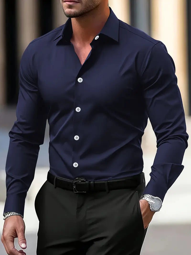 "Chemise formelle verte unie pour homme, coupe moderne, col à revers, tissu semi-transparent, élégante pour occasions profess