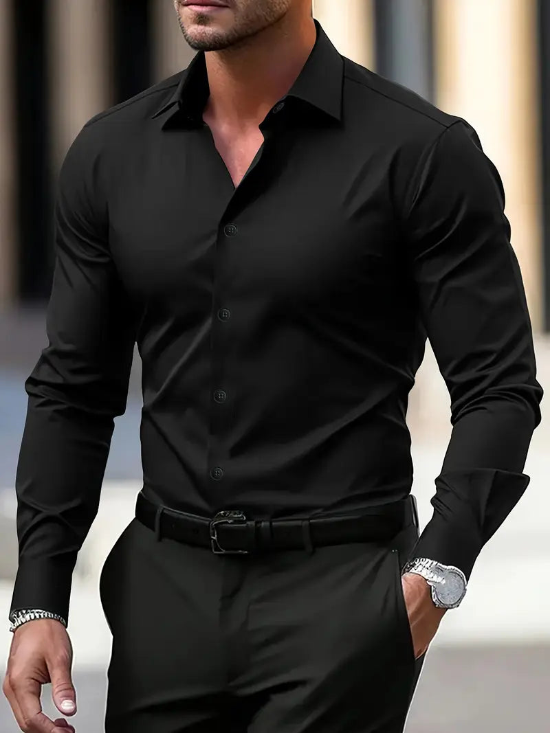 "Chemise formelle verte unie pour homme, coupe moderne, col à revers, tissu semi-transparent, élégante pour occasions profess