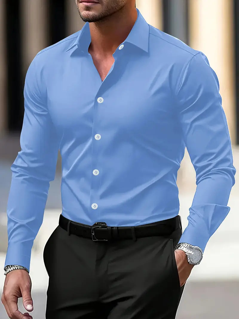 "Chemise formelle verte unie pour homme, coupe moderne, col à revers, tissu semi-transparent, élégante pour occasions profess