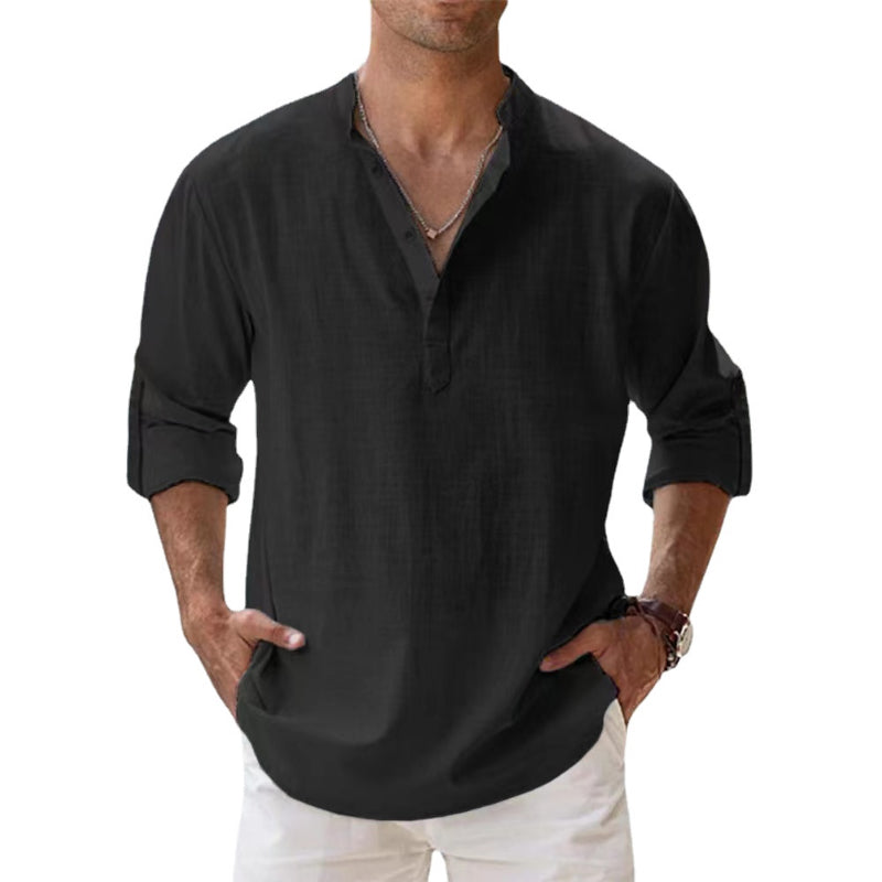 Chemise Henley en lin légère pour homme avec col classique et manches longues, idéale pour l'été, respirante et élégante.