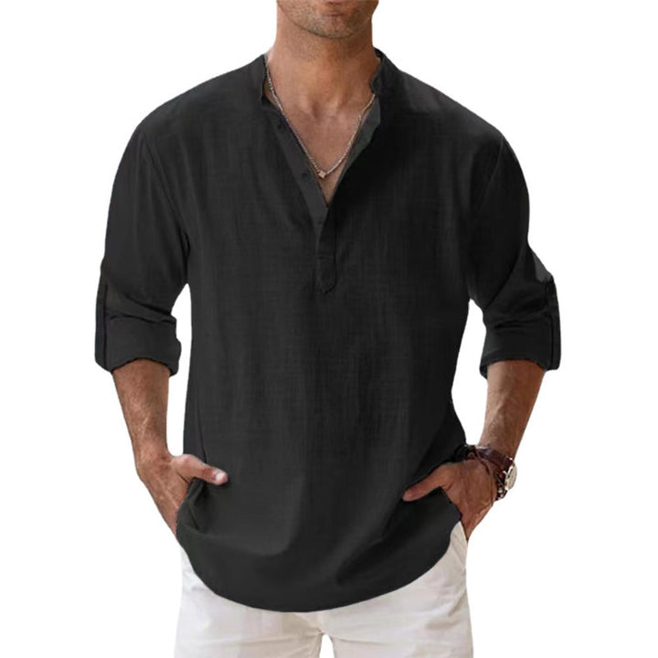 Chemise Henley en lin légère pour homme avec col classique et manches longues, idéale pour l'été, respirante et élégante.