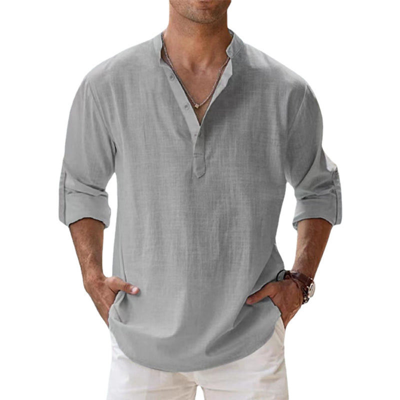Chemise Henley en lin légère pour homme avec col classique et manches longues, idéale pour l'été, respirante et élégante.
