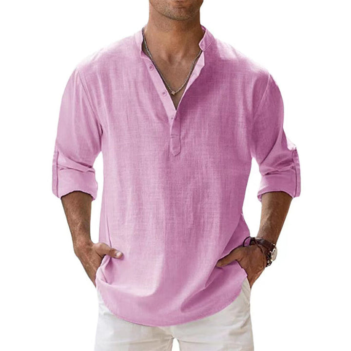 Chemise Henley en lin légère pour homme avec col classique et manches longues, idéale pour l'été, respirante et élégante.