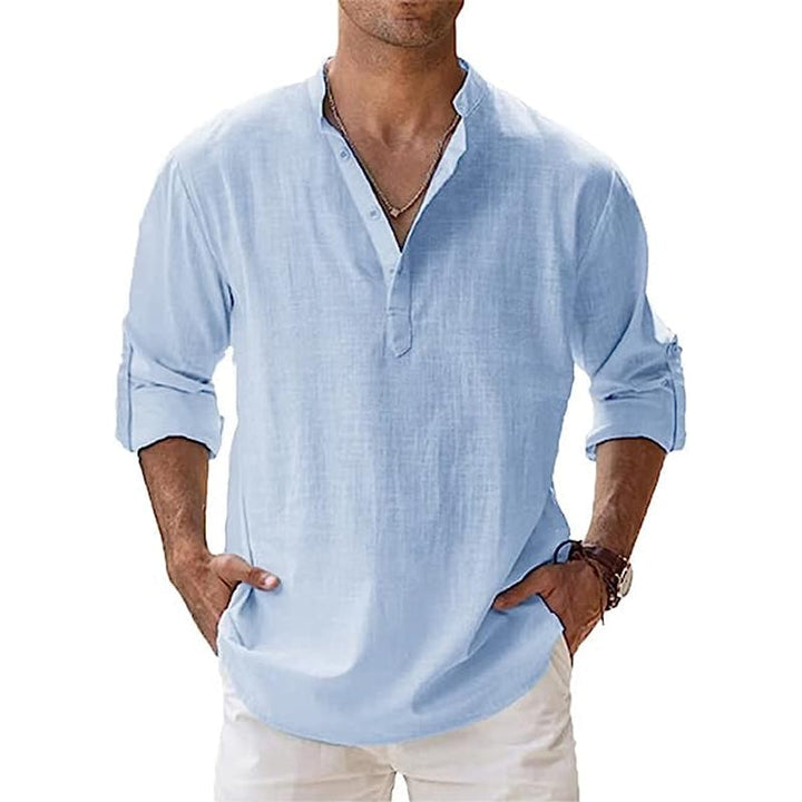 Chemise Henley en lin légère pour homme avec col classique et manches longues, idéale pour l'été, respirante et élégante.