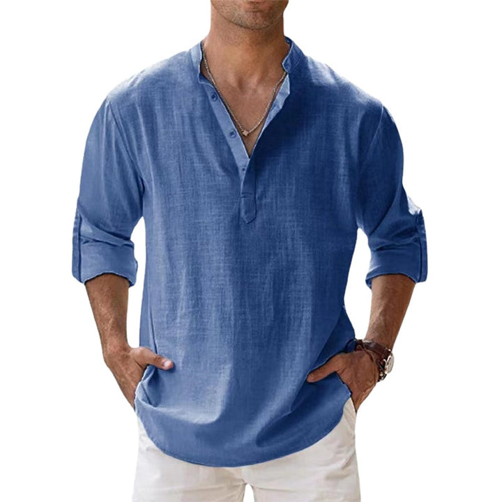 Chemise Henley en lin légère pour homme avec col classique et manches longues, idéale pour l'été, respirante et élégante.