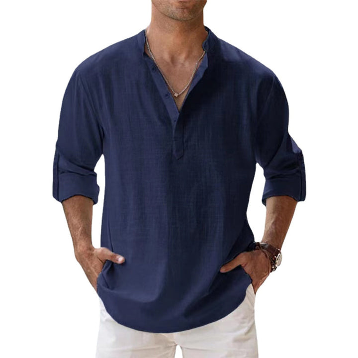 Chemise Henley en lin légère pour homme avec col classique et manches longues, idéale pour l'été, respirante et élégante.