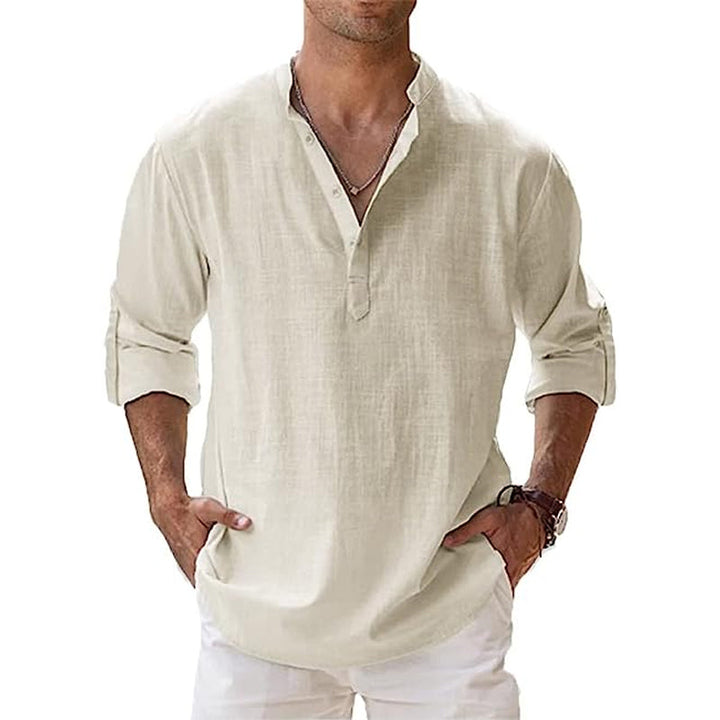 Chemise Henley en lin légère pour homme avec col classique et manches longues, idéale pour l'été, respirante et élégante.