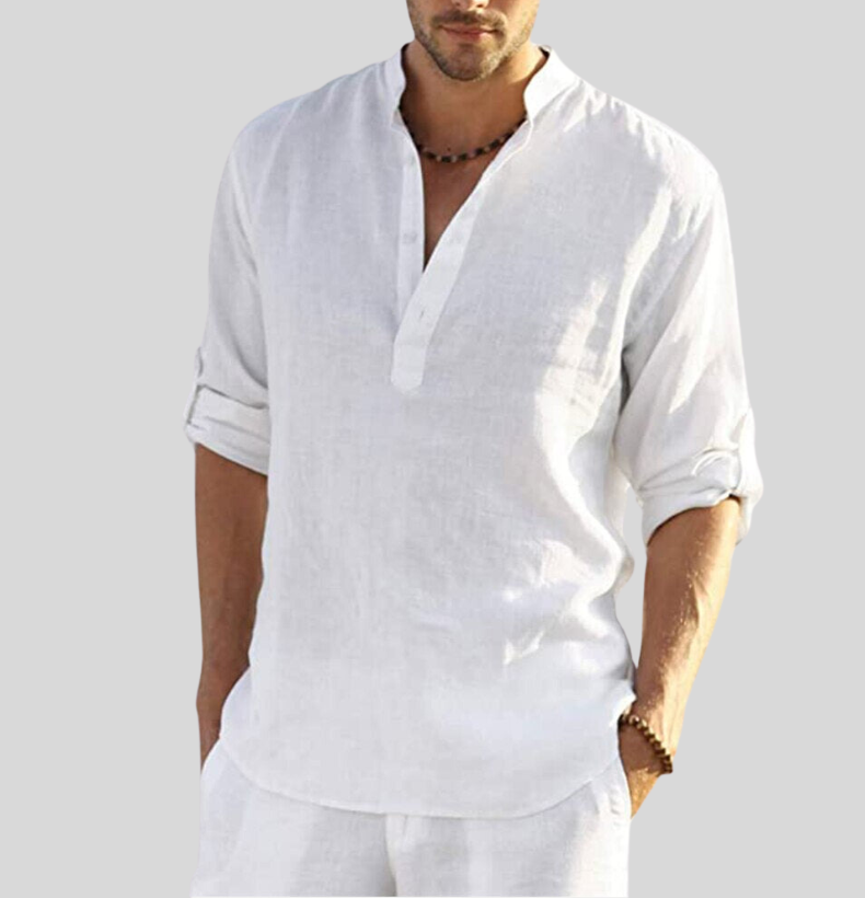 "Chemise Henley en lin pour hommes, manches retroussées, couleur fraîche, style élégant et respirant, idéale pour l'été."