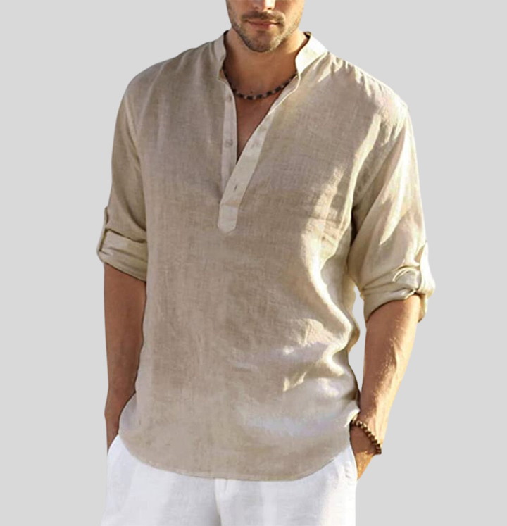 "Chemise Henley en lin pour hommes, manches retroussées, couleur fraîche, style élégant et respirant, idéale pour l'été."