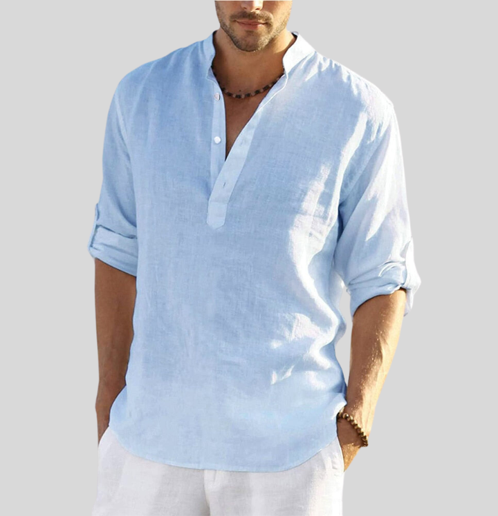 "Chemise Henley en lin pour hommes, manches retroussées, couleur fraîche, style élégant et respirant, idéale pour l'été."