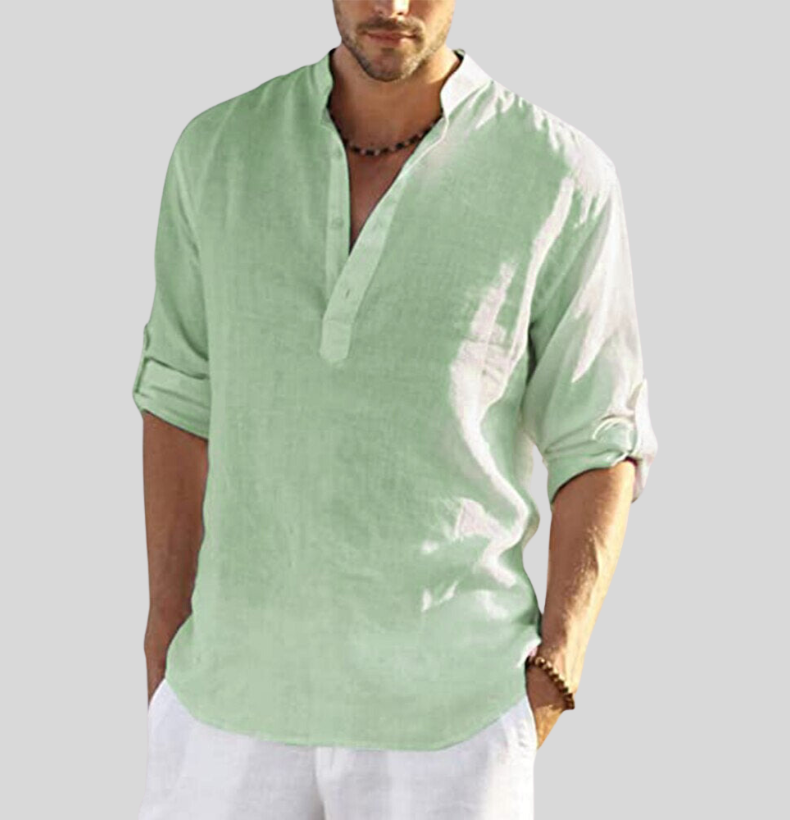 "Chemise Henley en lin pour hommes, manches retroussées, couleur fraîche, style élégant et respirant, idéale pour l'été."