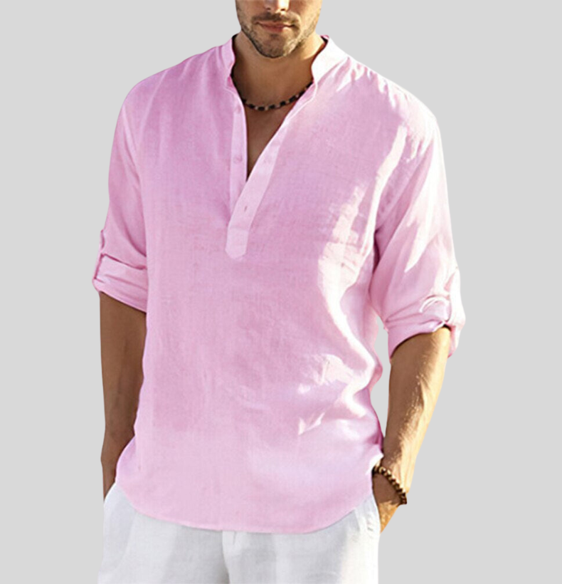 "Chemise Henley en lin pour hommes, manches retroussées, couleur fraîche, style élégant et respirant, idéale pour l'été."