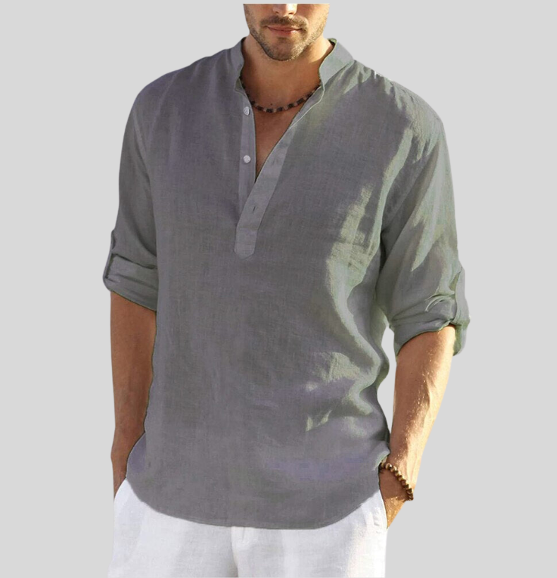 "Chemise Henley en lin pour hommes, manches retroussées, couleur fraîche, style élégant et respirant, idéale pour l'été."