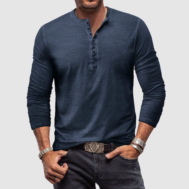 "Chemise Henley homme classique en tissu premium, manches longues, coupe ajustée, style intemporel pour élégance et confort."