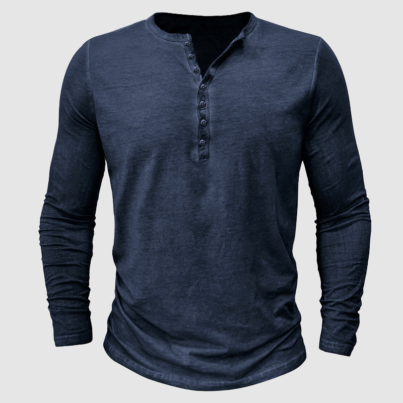 "Chemise Henley homme classique en tissu premium, manches longues, coupe ajustée, style intemporel pour élégance et confort."