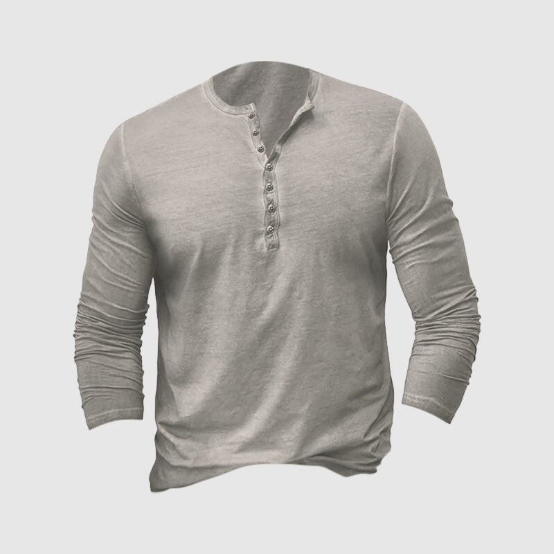 "Chemise Henley homme classique en tissu premium, manches longues, coupe ajustée, style intemporel pour élégance et confort."