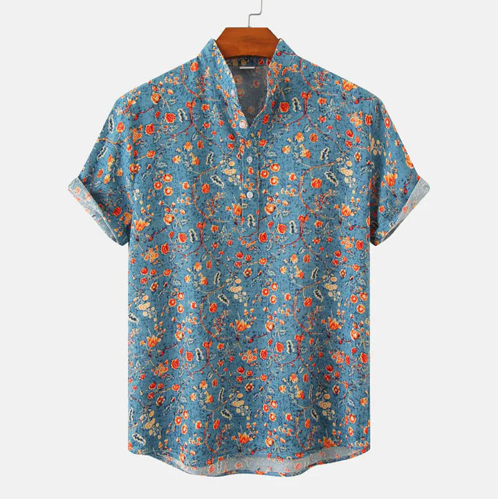"Chemise Henley homme imprimée, style moderne, tissu léger, col élégant, pour un look décontracté et confortable."