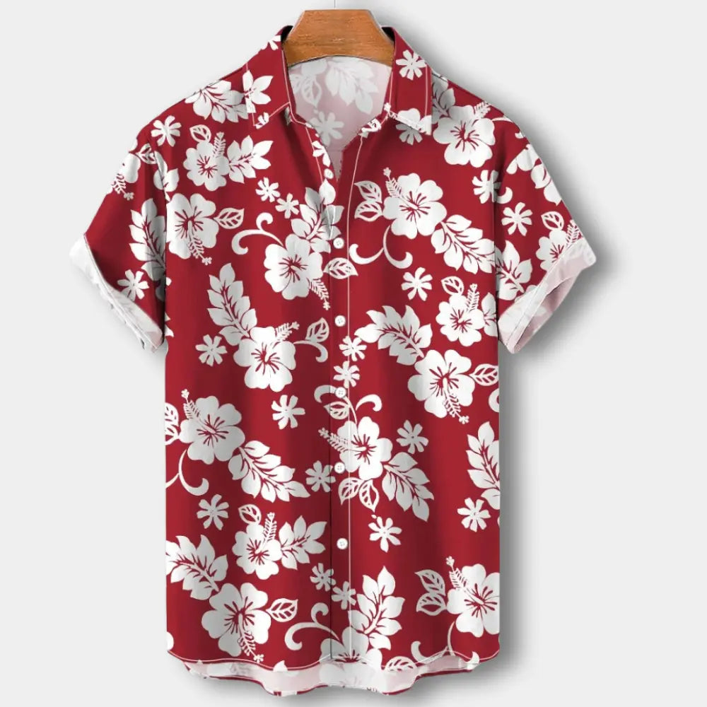 "Chemise homme à manches courtes avec motif floral vibrant, coupe décontractée et col souple pour look estival chic."