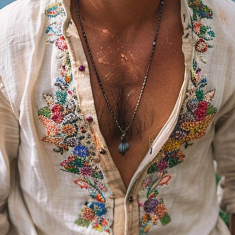 "Chemise homme broderie vintage, manches longues, blanc ou gris, élégante et confortable."