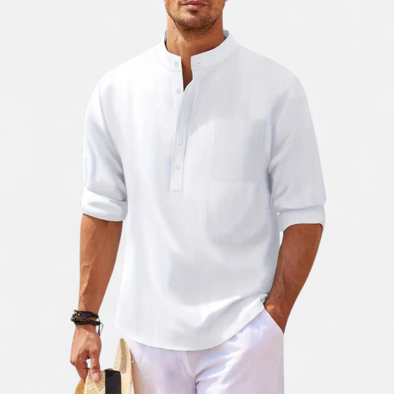 "Chemise homme col mao coton-lin, manches retroussables, élégante et confortable, style casual chic pour l'été"