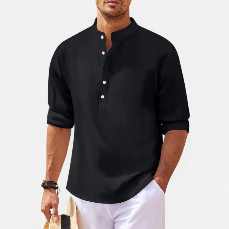 "Chemise homme col mao coton-lin, manches retroussables, élégante et confortable, style casual chic pour l'été"